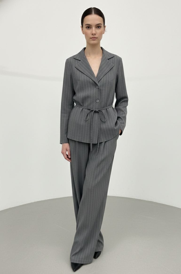 ÇİZGİLİ BAĞLAMA DETAYLI BLAZER CEKET VE PANTALON TAKIM